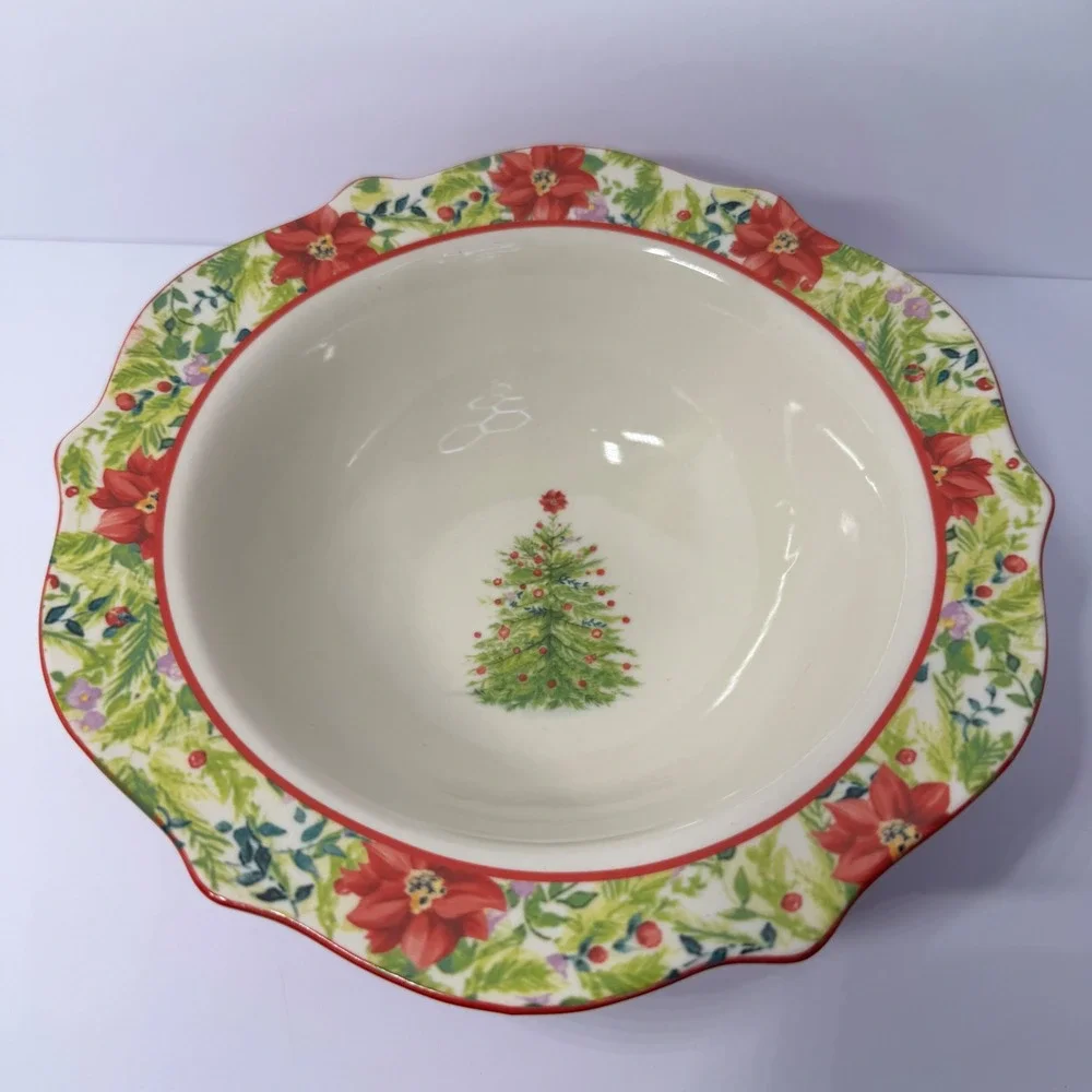 The Pioneer Woman Holiday Cheer 8.3 Inch Stoneware Bowl Christmas Poinsettia Red